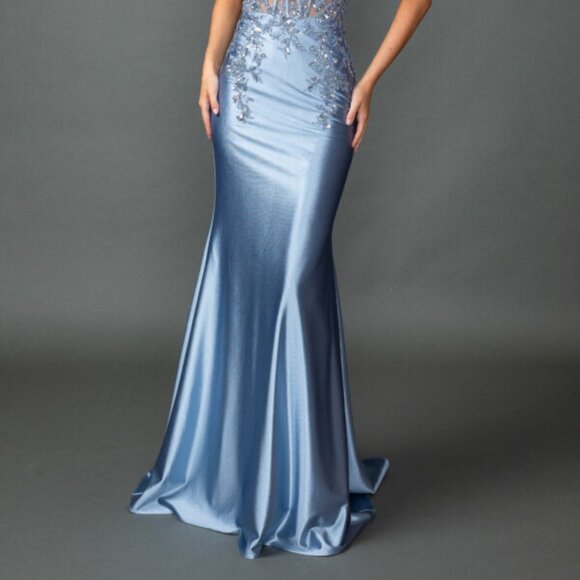 New Off Shoulder Maxi Prom Gown w/ Floral Lace Over Sheer Boned Bodice DQ 4540 - Picture 5 of 8